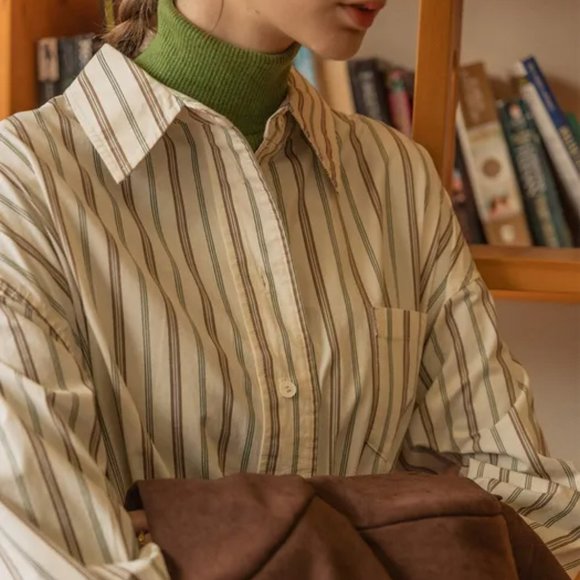 LENINA Kara Loose Pin Stripe Shirt_Beige - Picture 2 of 7